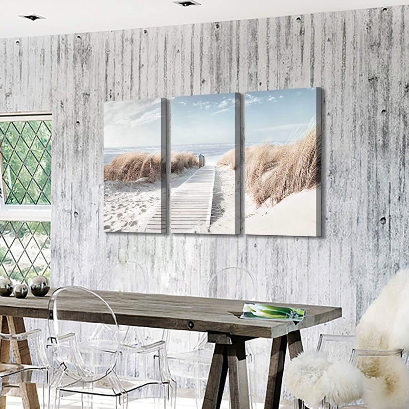 Hardy Gallery Beach Scene Picture Coastal Painting: Oceanside Sea Grass Trail Artwork on Canvas Print for Office(26''x16''x3pcs) - Image 4